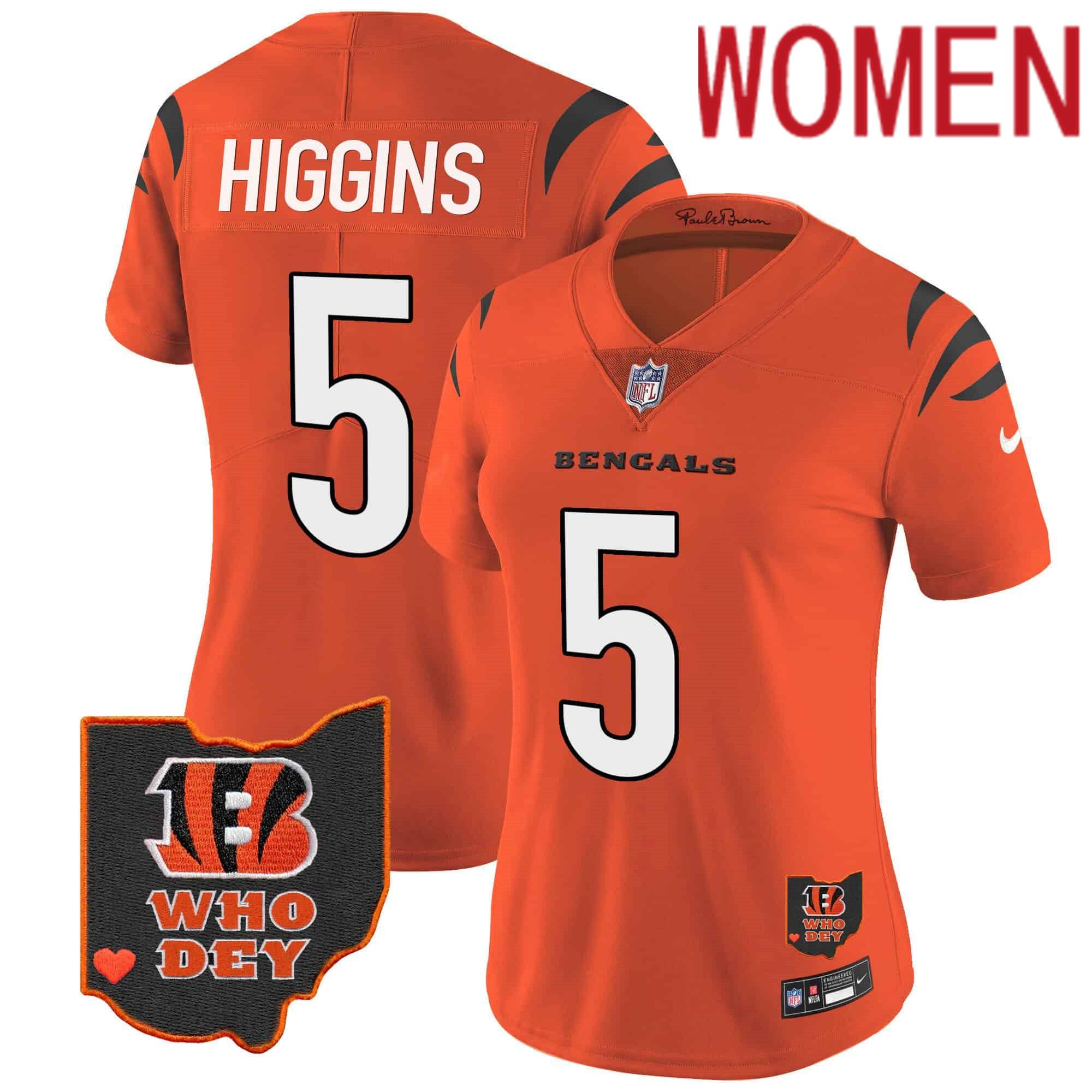 Women Cincinnati Bengals #5 Higgins Orange 2024 Nike Patch Vapor Limited NFL Jersey->women nfl jersey->Women Jersey